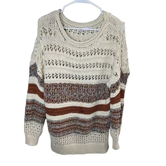 Zara XS-S Italian Yarn Cream & Brown Striped Crocheted Tunic Length Sweater - Picture 4 of 13